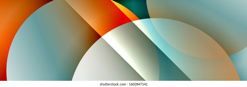 Dynamischer, geometrisch abstrakter Hintergrund. Kreise, runde Formen 3d Schatteneffekte und fließende Farbverläufe. Moderne überlappende Rundformen. Vektorgrafik für Bildschirmhintergrund, Banner, Hintergrund, Karte