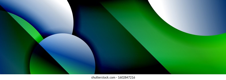 Fondo abstracto geométrico dinámico a la moda. Círculos, formas redondeadas, efectos de sombra 3d y gradientes de fluido. Formas redondeadas superpuestas modernas. Ilustración vectorial para papel de escritorio, pancarta, fondo, tarjeta
