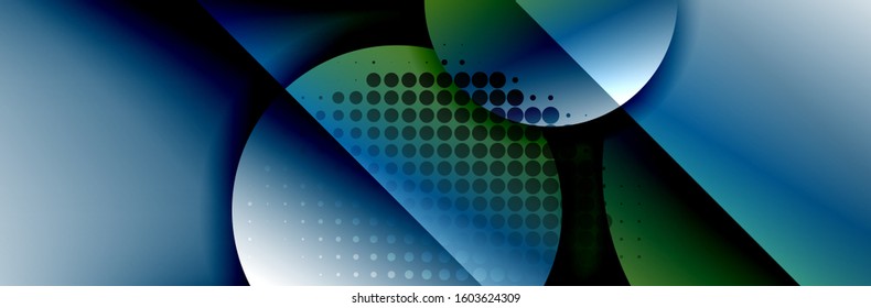 Fondo abstracto geométrico dinámico a la moda. Círculos, formas redondeadas, efectos de sombra 3d y gradientes de fluido. Formas redondeadas superpuestas modernas. Ilustración vectorial para papel de escritorio, pancarta, fondo, tarjeta