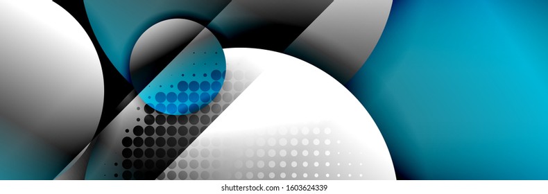 Dynamic trendy geometrical abstract background. Circles, round shapes 3d shadow effects and fluid gradients. Modern overlapping round forms. Vector Illustration For Wallpaper, Banner, Background, Card