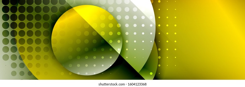 Dynamischer, geometrisch abstrakter Hintergrund. Kreise, runde Formen 3d Schatteneffekte und fließende Farbverläufe. Moderne überlappende Rundformen. Vektorgrafik für Bildschirmhintergrund, Banner, Hintergrund, Karte