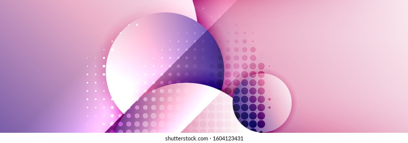 Fondo abstracto geométrico dinámico a la moda. Círculos, formas redondeadas, efectos de sombra 3d y gradientes de fluido. Formas redondeadas superpuestas modernas. Ilustración vectorial para papel de escritorio, pancarta, fondo, tarjeta