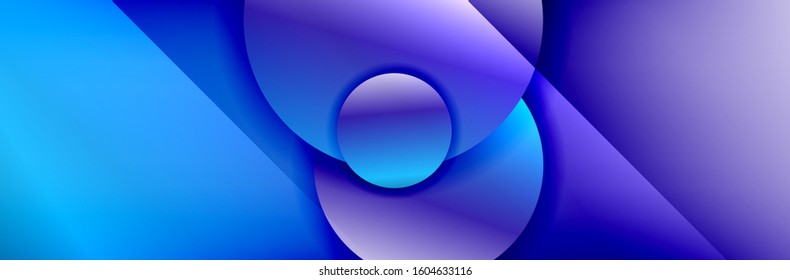 Fondo abstracto geométrico dinámico a la moda. Círculos, formas redondeadas, efectos de sombra 3d y gradientes de fluido. Formas redondeadas superpuestas modernas. Ilustración vectorial para papel de escritorio, pancarta, fondo, tarjeta