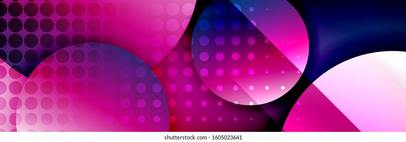 Fondo abstracto geométrico dinámico a la moda. Círculos, formas redondeadas, efectos de sombra 3d y gradientes de fluido. Formas redondeadas superpuestas modernas. Ilustración vectorial para papel de escritorio, pancarta, fondo, tarjeta