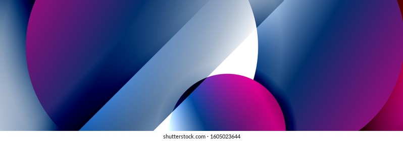 Fondo abstracto geométrico dinámico a la moda. Círculos, formas redondeadas, efectos de sombra 3d y gradientes de fluido. Formas redondeadas superpuestas modernas. Ilustración vectorial para papel de escritorio, pancarta, fondo, tarjeta