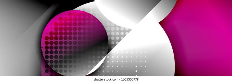Fondo abstracto geométrico dinámico a la moda. Círculos, formas redondeadas, efectos de sombra 3d y gradientes de fluido. Formas redondeadas superpuestas modernas. Ilustración vectorial para papel de escritorio, pancarta, fondo, tarjeta