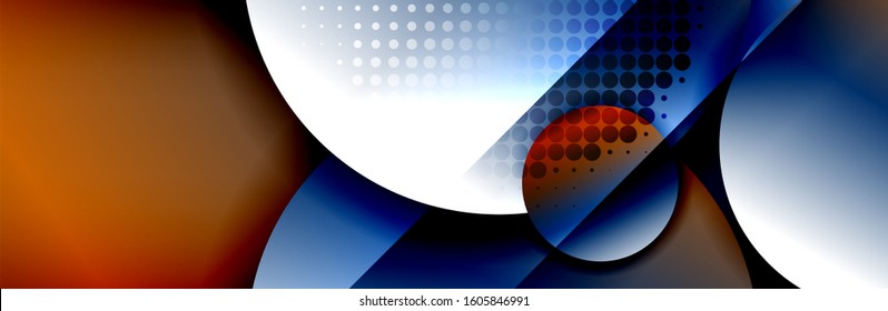 Dynamic trendy geometrical abstract background. Circles, round shapes 3d shadow effects and fluid gradients. Modern overlapping round forms. Vector Illustration For Wallpaper, Banner, Background, Card