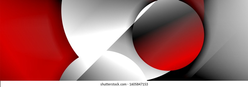 Dynamischer, geometrisch abstrakter Hintergrund. Kreise, runde Formen 3d Schatteneffekte und fließende Farbverläufe. Moderne überlappende Rundformen. Vektorgrafik für Bildschirmhintergrund, Banner, Hintergrund, Karte