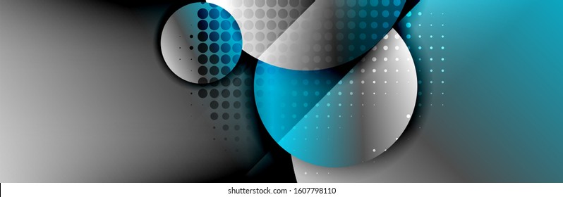 Dynamic trendy geometrical abstract background. Circles, round shapes 3d shadow effects and fluid gradients. Modern overlapping round forms. Vector Illustration For Wallpaper, Banner, Background, Card