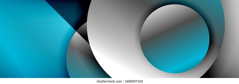 Fondo abstracto geométrico dinámico a la moda. Círculos, formas redondeadas, efectos de sombra 3d y gradientes de fluido. Formas redondeadas superpuestas modernas. Ilustración vectorial para papel de escritorio, pancarta, fondo, tarjeta