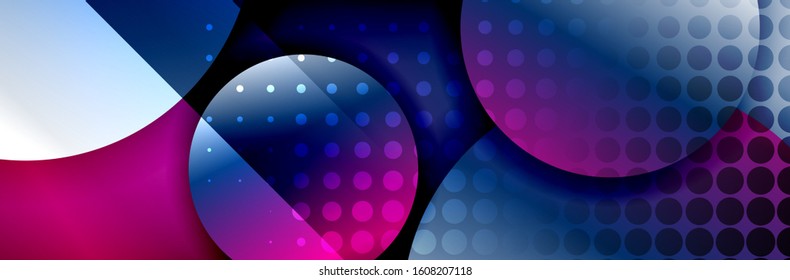 Fondo abstracto geométrico dinámico a la moda. Círculos, formas redondeadas, efectos de sombra 3d y gradientes de fluido. Formas redondeadas superpuestas modernas. Ilustración vectorial para papel de escritorio, pancarta, fondo, tarjeta