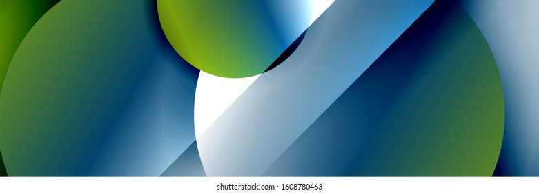 Plano de fundo abstrato geométrico da moda dinâmica. Círculos, formas arredondadas, efeitos de sombra 3d e gradientes de fluido. Formas redondas modernas sobrepostas. Ilustração De Vetor Para Papel De Parede, Banner, Plano De Fundo, Cartão
