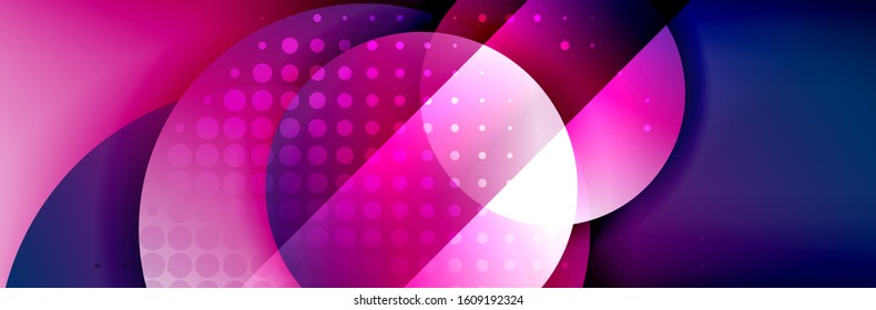 Fondo abstracto geométrico dinámico a la moda. Círculos, formas redondeadas, efectos de sombra 3d y gradientes de fluido. Formas redondeadas superpuestas modernas. Ilustración vectorial para papel de escritorio, pancarta, fondo, tarjeta