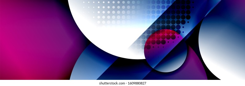 Dynamic trendy geometrical abstract background. Circles, round shapes 3d shadow effects and fluid gradients. Modern overlapping round forms. Vector Illustration For Wallpaper, Banner, Background, Card