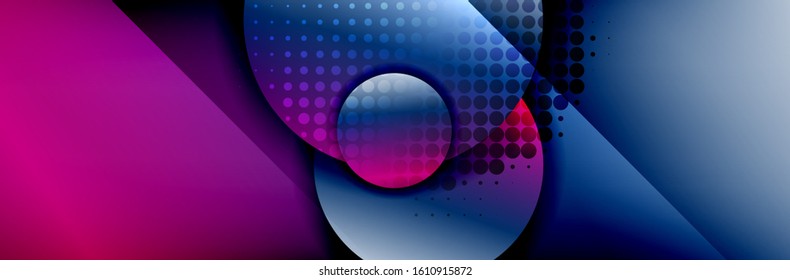 Fondo abstracto geométrico dinámico a la moda. Círculos, formas redondeadas, efectos de sombra 3d y gradientes de fluido. Formas redondeadas superpuestas modernas. Ilustración vectorial para papel de escritorio, pancarta, fondo, tarjeta