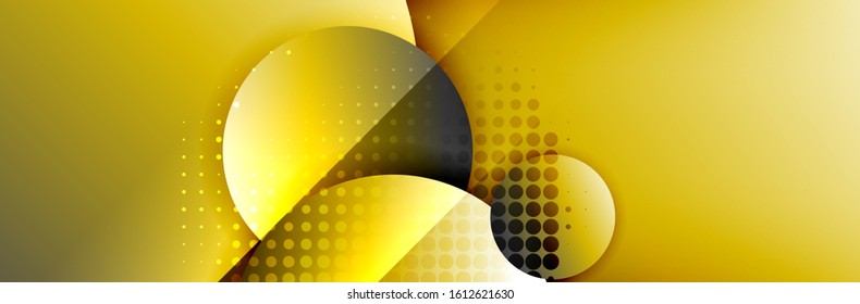 Fondo abstracto geométrico dinámico a la moda. Círculos, formas redondeadas, efectos de sombra 3d y gradientes de fluido. Formas redondeadas superpuestas modernas. Ilustración vectorial para papel de escritorio, pancarta, fondo, tarjeta