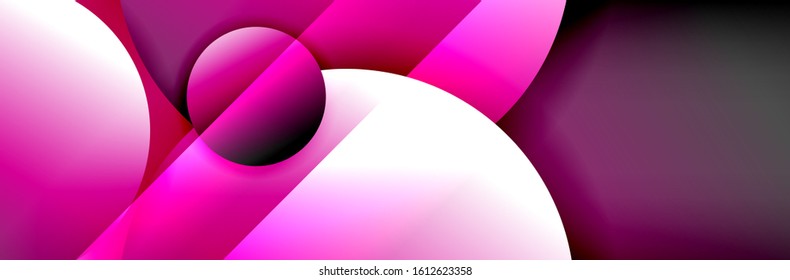 Fondo abstracto geométrico dinámico a la moda. Círculos, formas redondeadas, efectos de sombra 3d y gradientes de fluido. Formas redondeadas superpuestas modernas. Ilustración vectorial para papel de escritorio, pancarta, fondo, tarjeta