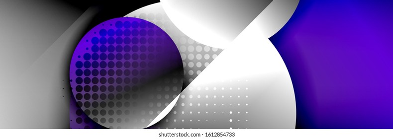 Fondo abstracto geométrico dinámico a la moda. Círculos, formas redondeadas, efectos de sombra 3d y gradientes de fluido. Formas redondeadas superpuestas modernas. Ilustración vectorial para papel de escritorio, pancarta, fondo, tarjeta