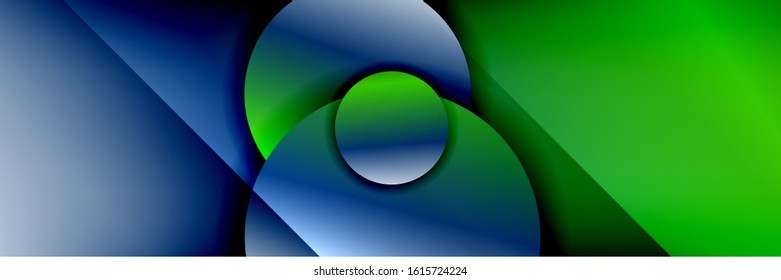 Fondo abstracto geométrico dinámico a la moda. Círculos, formas redondeadas, efectos de sombra 3d y gradientes de fluido. Formas redondeadas superpuestas modernas. Ilustración vectorial para papel de escritorio, pancarta, fondo, tarjeta