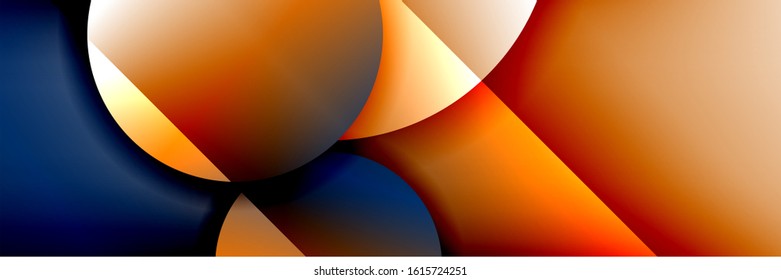 Dynamischer, geometrisch abstrakter Hintergrund. Kreise, runde Formen 3d Schatteneffekte und fließende Farbverläufe. Moderne überlappende Rundformen. Vektorgrafik für Bildschirmhintergrund, Banner, Hintergrund, Karte