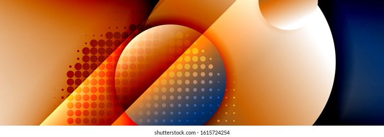 Dynamischer, geometrisch abstrakter Hintergrund. Kreise, runde Formen 3d Schatteneffekte und fließende Farbverläufe. Moderne überlappende Rundformen. Vektorgrafik für Bildschirmhintergrund, Banner, Hintergrund, Karte