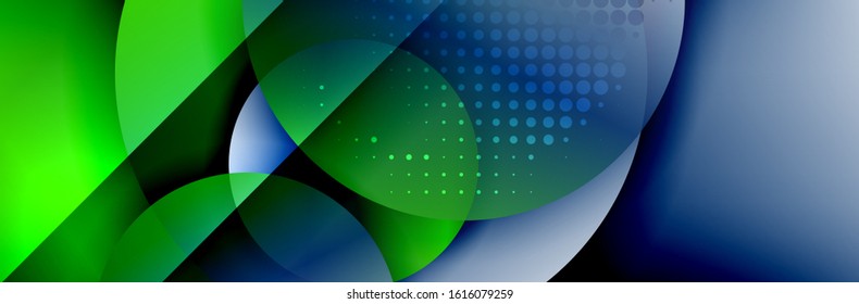 Fondo abstracto geométrico dinámico a la moda. Círculos, formas redondeadas, efectos de sombra 3d y gradientes de fluido. Formas redondeadas superpuestas modernas. Ilustración vectorial para papel de escritorio, pancarta, fondo, tarjeta