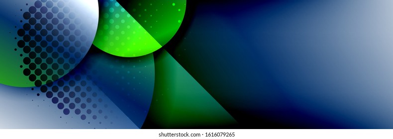 Fondo abstracto geométrico dinámico a la moda. Círculos, formas redondeadas, efectos de sombra 3d y gradientes de fluido. Formas redondeadas superpuestas modernas. Ilustración vectorial para papel de escritorio, pancarta, fondo, tarjeta