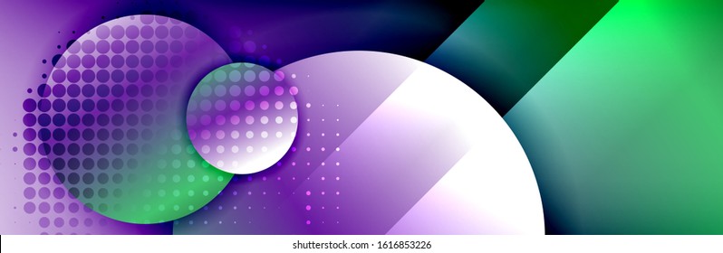 Fondo abstracto geométrico dinámico a la moda. Círculos, formas redondeadas, efectos de sombra 3d y gradientes de fluido. Formas redondeadas superpuestas modernas. Ilustración vectorial para papel de escritorio, pancarta, fondo, tarjeta