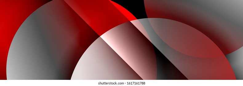 Dynamischer, geometrisch abstrakter Hintergrund. Kreise, runde Formen 3d Schatteneffekte und fließende Farbverläufe. Moderne überlappende Rundformen. Vektorgrafik für Bildschirmhintergrund, Banner, Hintergrund, Karte