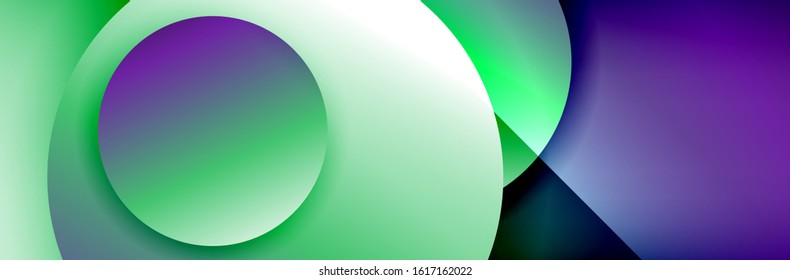 Dynamic trendy geometrical abstract background. Circles, round shapes 3d shadow effects and fluid gradients. Modern overlapping round forms. Vector Illustration For Wallpaper, Banner, Background, Card