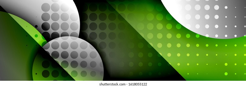 Dynamischer, geometrisch abstrakter Hintergrund. Kreise, runde Formen 3d Schatteneffekte und fließende Farbverläufe. Moderne überlappende Rundformen. Vektorgrafik für Bildschirmhintergrund, Banner, Hintergrund, Karte