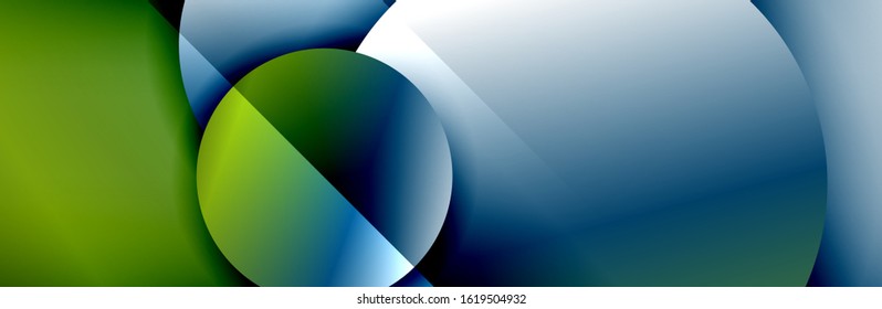 Fondo abstracto geométrico dinámico a la moda. Círculos, formas redondeadas, efectos de sombra 3d y gradientes de fluido. Formas redondeadas superpuestas modernas. Ilustración vectorial para papel de escritorio, pancarta, fondo, tarjeta