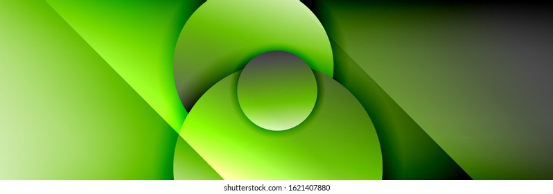 Fondo abstracto geométrico dinámico a la moda. Círculos, formas redondeadas, efectos de sombra 3d y gradientes de fluido. Formas redondeadas superpuestas modernas. Ilustración vectorial para papel de escritorio, pancarta, fondo, tarjeta