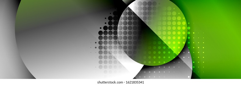 Dynamic trendy geometrical abstract background. Circles, round shapes 3d shadow effects and fluid gradients. Modern overlapping round forms. Vector Illustration For Wallpaper, Banner, Background, Card