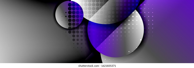 Fondo abstracto geométrico dinámico a la moda. Círculos, formas redondeadas, efectos de sombra 3d y gradientes de fluido. Formas redondeadas superpuestas modernas. Ilustración vectorial para papel de escritorio, pancarta, fondo, tarjeta