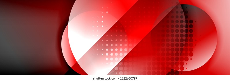 Dynamischer, geometrisch abstrakter Hintergrund. Kreise, runde Formen 3d Schatteneffekte und fließende Farbverläufe. Moderne überlappende Rundformen. Vektorgrafik für Bildschirmhintergrund, Banner, Hintergrund, Karte