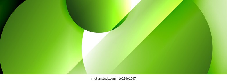 Dynamischer, geometrisch abstrakter Hintergrund. Kreise, runde Formen 3d Schatteneffekte und fließende Farbverläufe. Moderne überlappende Rundformen. Vektorgrafik für Bildschirmhintergrund, Banner, Hintergrund, Karte