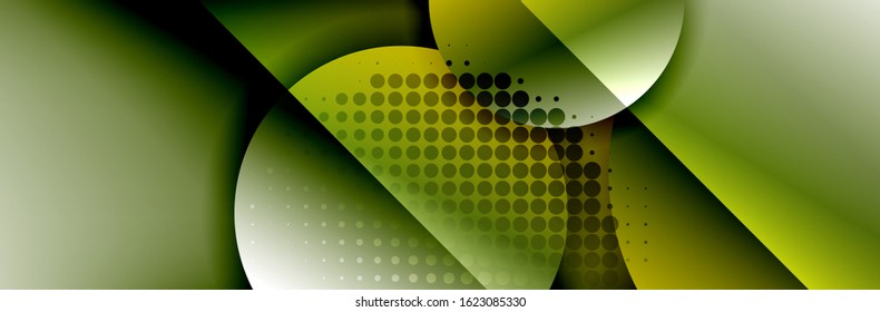 Dynamic trendy geometrical abstract background. Circles, round shapes 3d shadow effects and fluid gradients. Modern overlapping round forms. Vector Illustration For Wallpaper, Banner, Background, Card