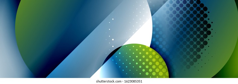 Dynamic trendy geometrical abstract background. Circles, round shapes 3d shadow effects and fluid gradients. Modern overlapping round forms. Vector Illustration For Wallpaper, Banner, Background, Card
