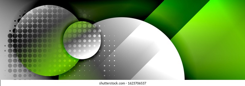 Dynamic trendy geometrical abstract background. Circles, round shapes 3d shadow effects and fluid gradients. Modern overlapping round forms. Vector Illustration For Wallpaper, Banner, Background, Card