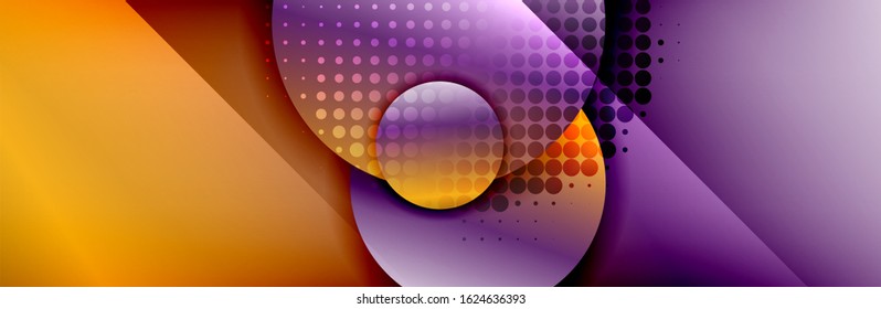 Fondo abstracto geométrico dinámico a la moda. Círculos, formas redondeadas, efectos de sombra 3d y gradientes de fluido. Formas redondeadas superpuestas modernas. Ilustración vectorial para papel de escritorio, pancarta, fondo, tarjeta