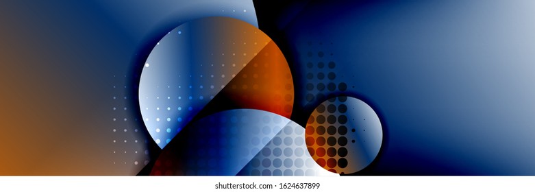 Fondo abstracto geométrico dinámico a la moda. Círculos, formas redondeadas, efectos de sombra 3d y gradientes de fluido. Formas redondeadas superpuestas modernas. Ilustración vectorial para papel de escritorio, pancarta, fondo, tarjeta