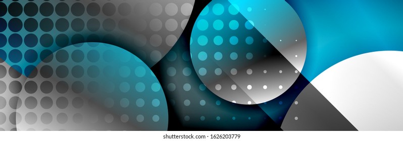 Fondo abstracto geométrico dinámico a la moda. Círculos, formas redondeadas, efectos de sombra 3d y gradientes de fluido. Formas redondeadas superpuestas modernas. Ilustración vectorial 