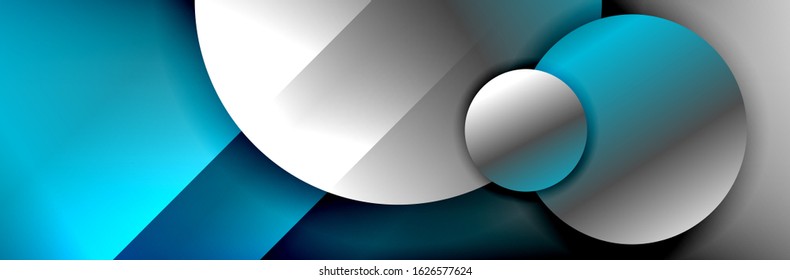 Dynamic trendy geometrical abstract background. Circles, round shapes 3d shadow effects and fluid gradients. Modern overlapping round forms. Vector Illustration 