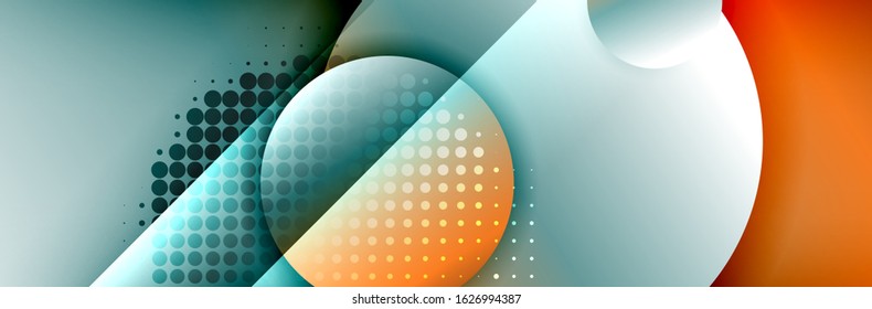 Dynamic trendy geometrical abstract background. Circles, round shapes 3d shadow effects and fluid gradients. Modern overlapping round forms. Vector Illustration 