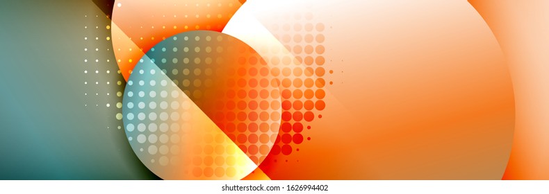 Dynamic trendy geometrical abstract background. Circles, round shapes 3d shadow effects and fluid gradients. Modern overlapping round forms. Vector Illustration 