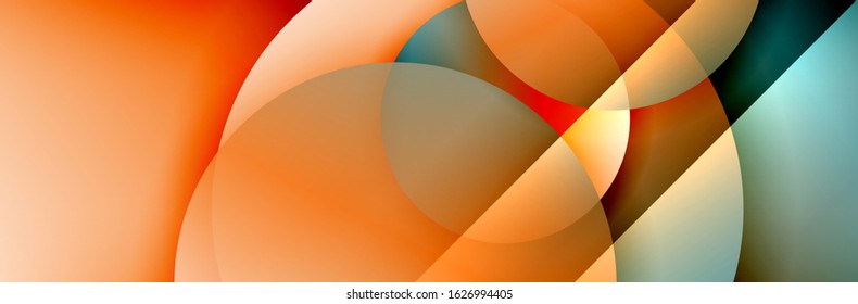 Fondo abstracto geométrico dinámico a la moda. Círculos, formas redondeadas, efectos de sombra 3d y gradientes de fluido. Formas redondeadas superpuestas modernas. Ilustración vectorial 