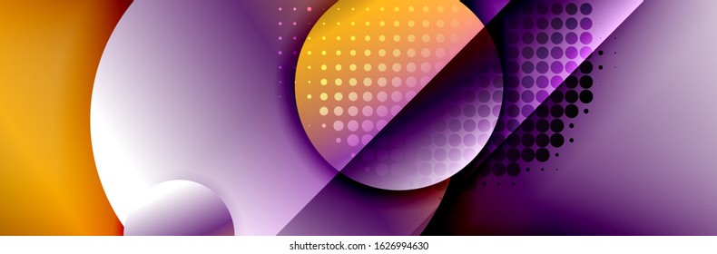 Dynamic trendy geometrical abstract background. Circles, round shapes 3d shadow effects and fluid gradients. Modern overlapping round forms. Vector Illustration 