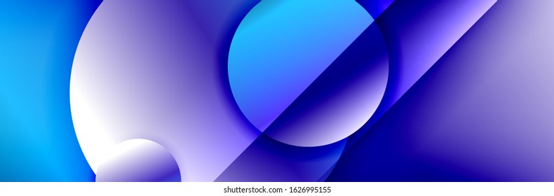 Dynamischer, geometrisch abstrakter Hintergrund. Kreise, runde Formen 3d Schatteneffekte und fließende Farbverläufe. Moderne überlappende Rundformen. Vektorgrafik für Bildschirmhintergrund, Banner, Hintergrund, Karte
