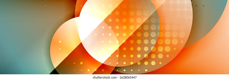 Dynamischer, geometrisch abstrakter Hintergrund. Kreise, runde Formen 3d Schatteneffekte und fließende Farbverläufe. Moderne überlappende Rundformen. Vektorgrafik für Bildschirmhintergrund, Banner, Hintergrund, Karte